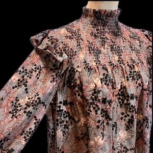 Ruffle shoulder high neck babydoll blouse top dark moody floral sheer whimsigoth